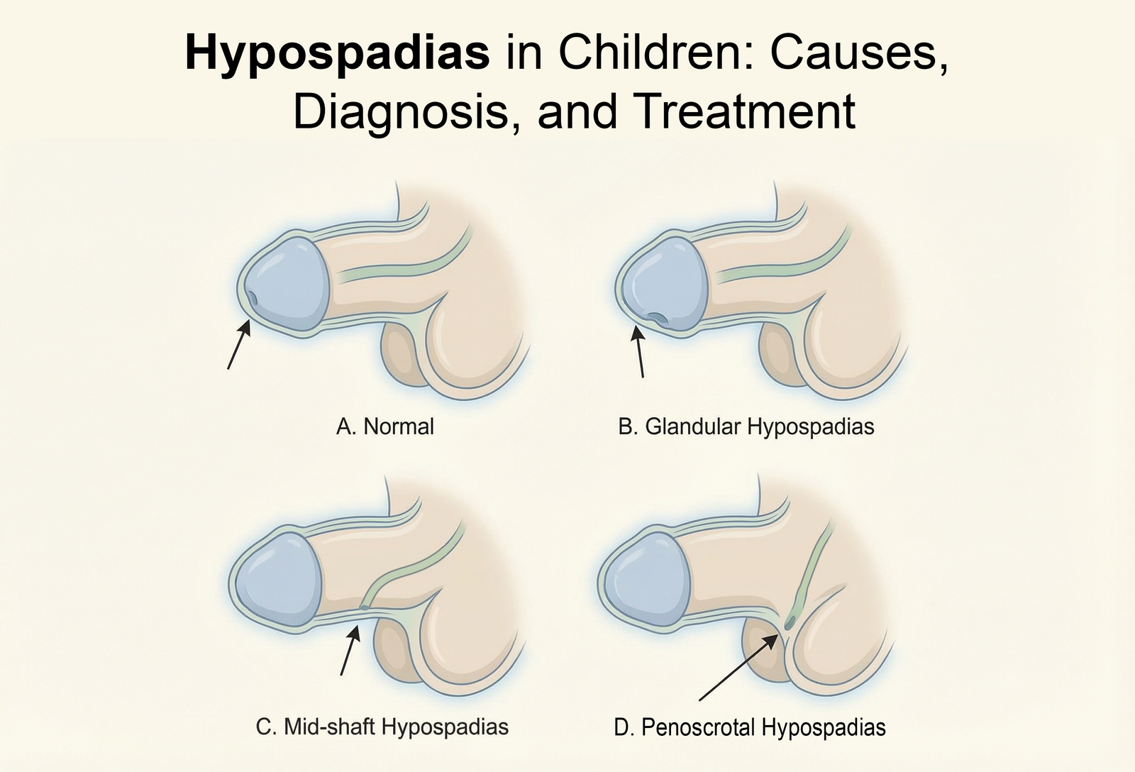 Types of Hypospadias, 1. Glandular 2. Mid-Shaft 3. Penoscrotal.